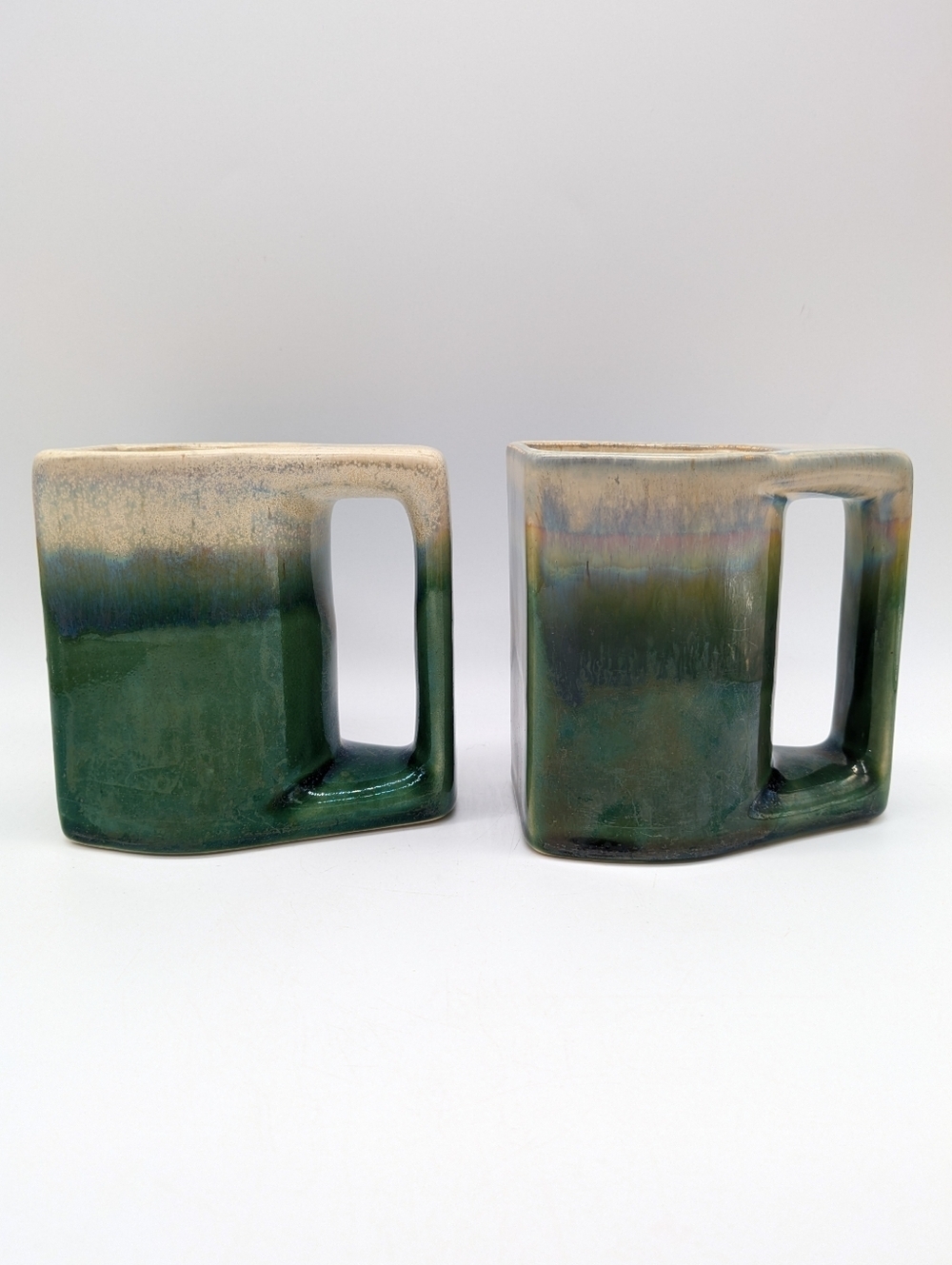 Vintage White Green Iridescent Ceramic Coffee Mugs Set Of 2